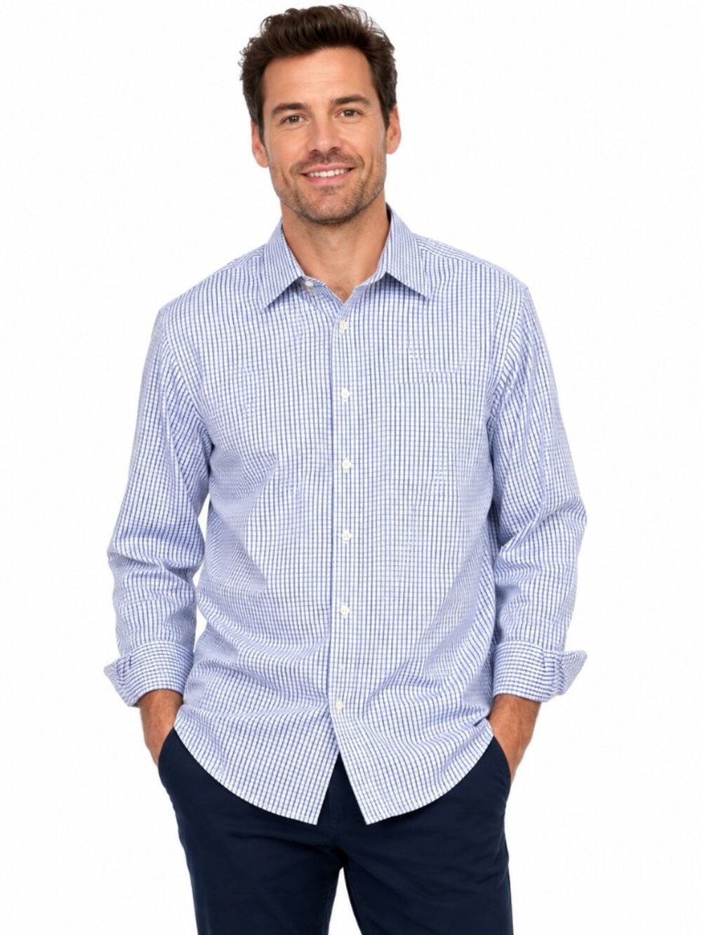 Michael Kors Men’s XL Dress Shirt Blue White Plaid 100% Cotton 17.5 36/37